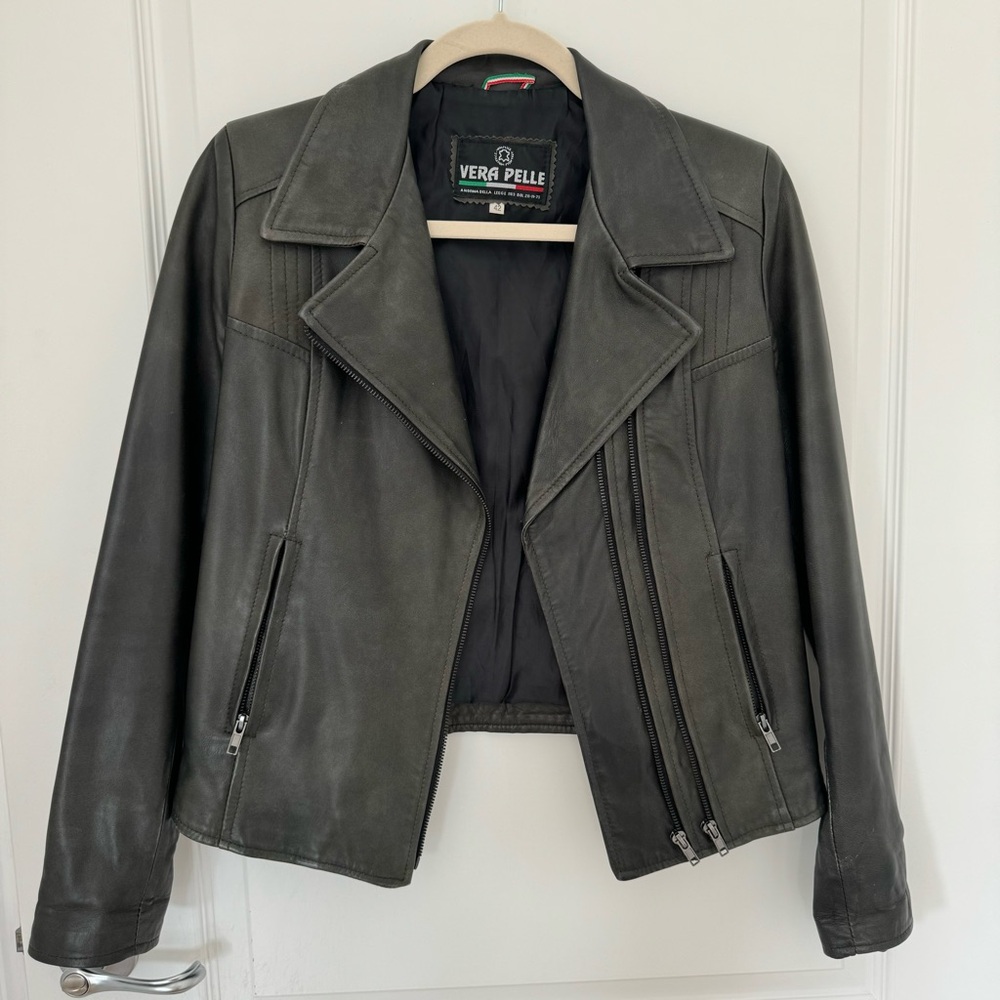 Dark Olive Green Leather Biker Jacket from Florence Italy size XS